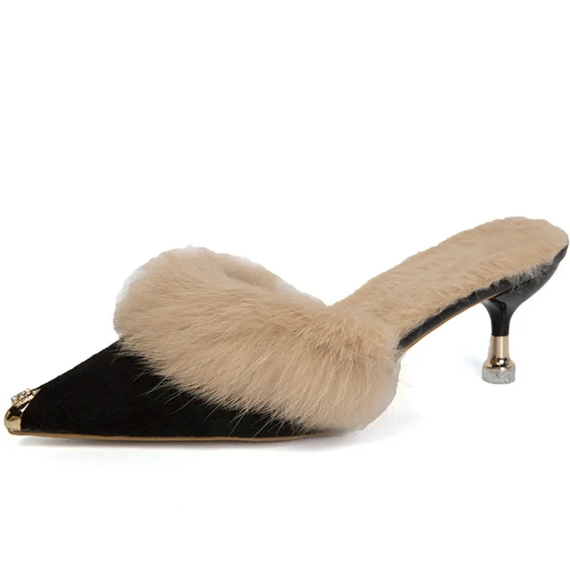 Women High Heel Shoes 2025 Fur Slippers Mules Pointed Toe Furry Slides Fashion Elegant Luxury Designer Flip Flops Office Pumps