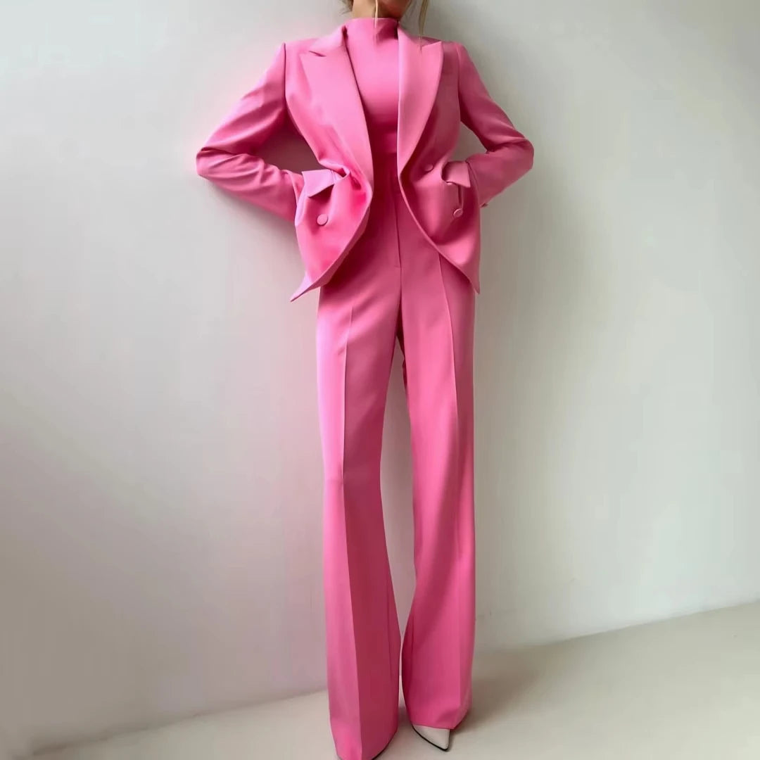 Women Suit 2 Pieces Rose Pink With Lapel Double Button For Wedding Banquet Party Business Office Commute Daily Blazer And Pants