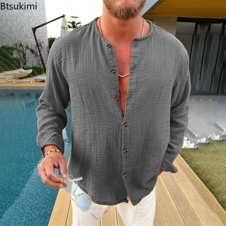 2026 Men's Shirts Spring Summer New Beachwear Button-up Stand Collar Casual Shirts Solid Breathable Long Sleeve Hawaiian Blouses
