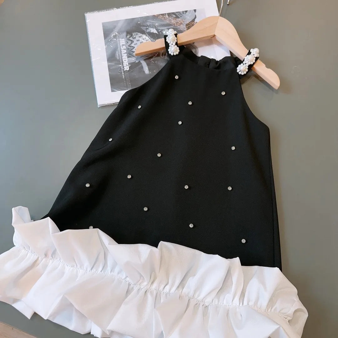 Girls Casual Dresses New 2024 Fashion Lovely Sweet Summer Sling Sleeveless New Vest Princess Pearl Pleated Childrens Clothing