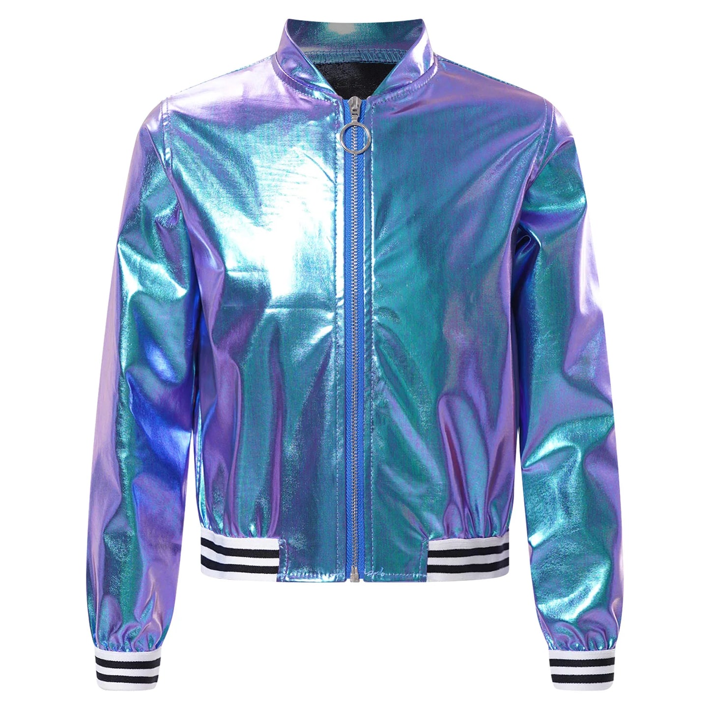 Kids Girls Long Sleeve Casual Sports Bomber Jackets Jazz Hip-hop Street Dance Costume Boys Shiny Metallic Baseball Outwear Coats