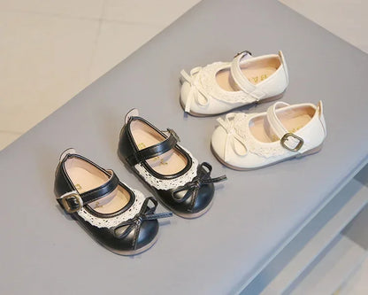 Girls Walking Shoes Sweet Lace Simple Bows 2025 New Baby Princess Shoes Round Toes Kids Leather Shoes Non-slip Soft Sole Flats