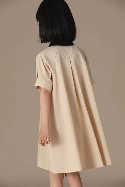 Girls Dress 2025 Spring Summer New Simple Temperament Cotton Contrasting Turn-down Collar Double Breasted Short Sleeved Dress