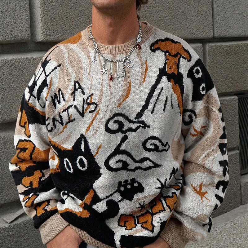 Men's retro cartoon knitted sweater for warmth, pullover casual long-sleeved knitted sweater for 2025 autumn-winter season