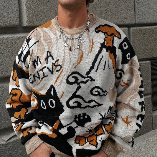 Men's retro cartoon knitted sweater for warmth, pullover casual long-sleeved knitted sweater for 2025 autumn-winter season