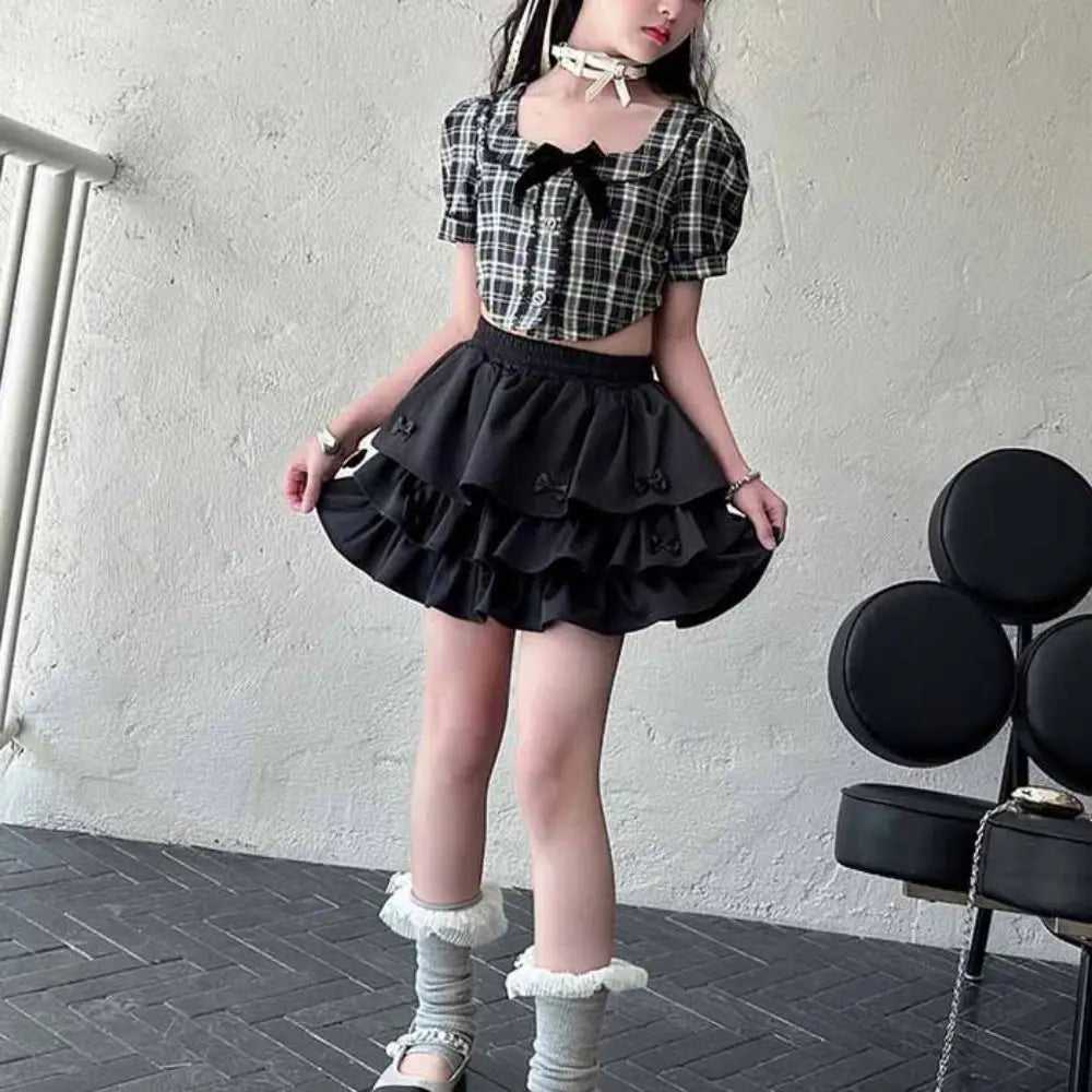 Cake Dress Sweet Girls Wear Suit Teens Party T-shirt Plaid Skirt Set Short Sleeve Preppy Style Costume Children Summer Clothes