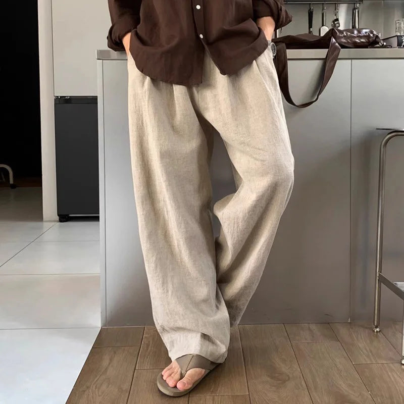 Men's Linen Dress Pants Spring and Summer Breathable White Cotton-Linen Lazy Floor-Length Pants Korean Style Loose Straight Casual Pants