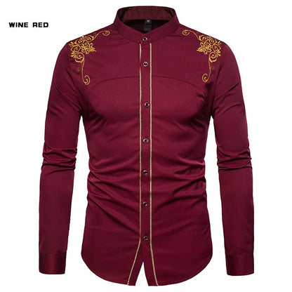 Men's England Style Embroidery Shirts Long Sleeve Lapel Single-breasted Casual Social Party Dress Shirts Men Street Clothing New