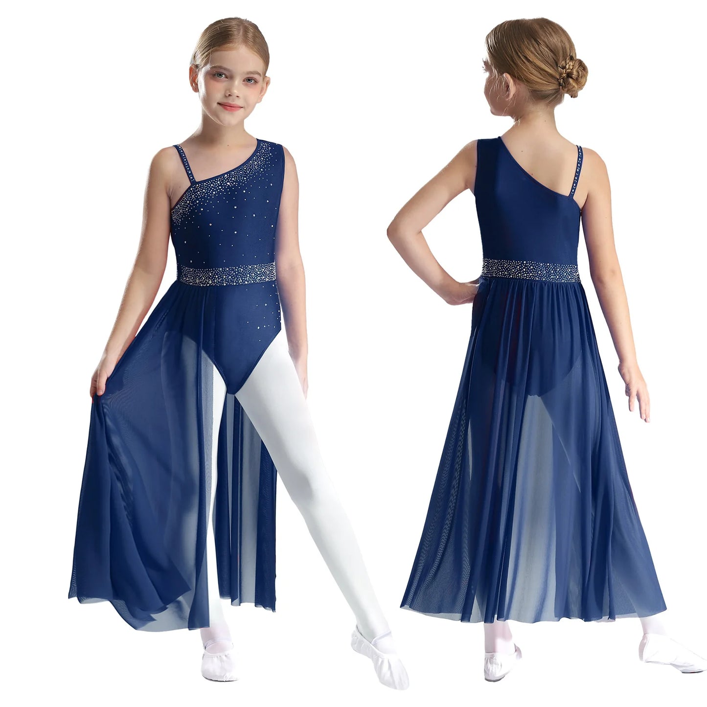 Girls Delicate 3D Flower Lyrical Dance Dress Asymmetrical Ruched Long Dress Gymnastics Modern Dance Clothes Performance Dress