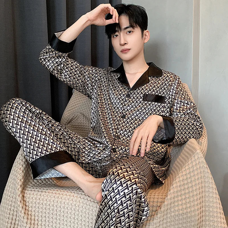 Pajamas Men Spring Summer Thin Ice Silk Luxurious Loose Fitting Home Wear Suit Male Satin Pyjamas Set Night Pajamas Set Men