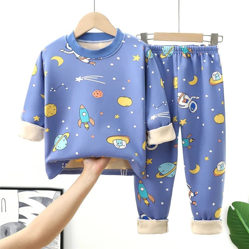 Girls Warm Pajama Clothing Sets Autumn Winter Kids Plus Velvets Suits Teen Boys Fashion Print Pullover+Pants 2Pcs Outfits 1-14 Y