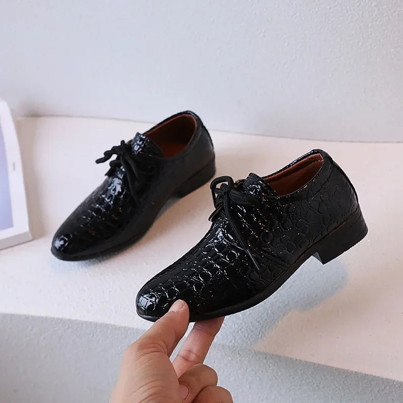 Boys Leather Shoes Pointed Toe Children Performance Shoes Low Heels British Style School Kids Shoes Gold Lace Up Casual Loafers