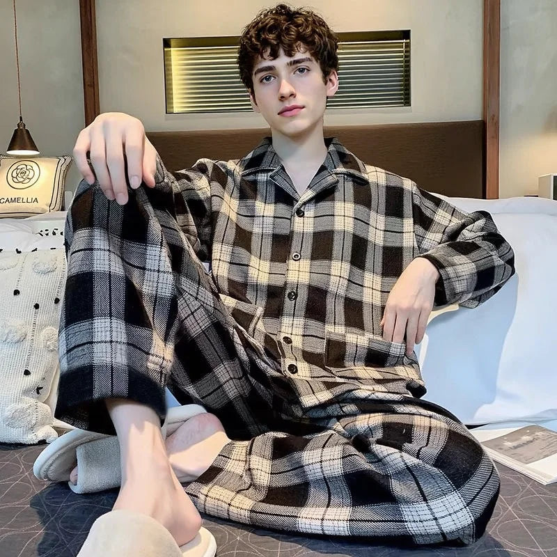 New Men's Pajamas Spring and Autumn Set, Can Be Worn Outside, Cardigan Loungewear, Casual Long-Sleeved, Large Size, Loose Fit, Autumn and Winter