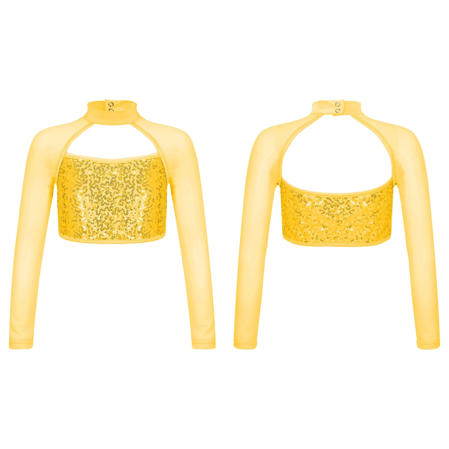 Teen Girls Hip Hop Jazz Street Dance Top Long Sleeve Shiny Sequin Mesh Crop T-shirt Yoga Sportswear Skating Gymnastics Dancewear