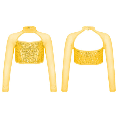 Teen Girls Hip Hop Jazz Street Dance Top Long Sleeve Shiny Sequin Mesh Crop T-shirt Yoga Sportswear Skating Gymnastics Dancewear