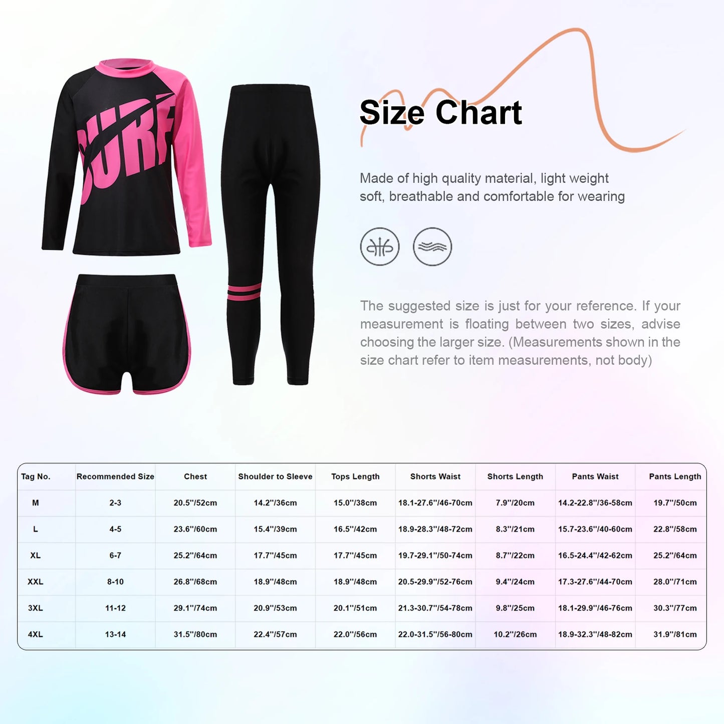 Girls 3-Piece UV Swimsuit Sun Protective Long Sleeve Rash Guard Swimwear Quickly Dry Swimming Shirt Top+Shorts+Pants Outfits