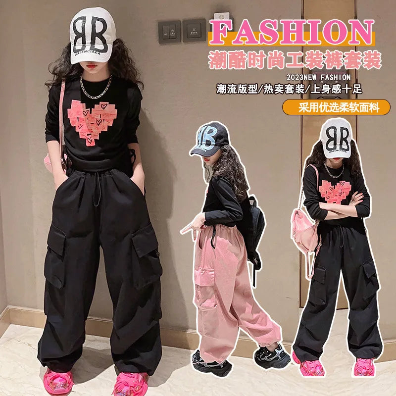 Teen Girls Clothes Set Cotton Love Tops T-shirt+Causal Cargo pants 2pcs Suit Children Outfits Tracksuits Kids 4 6 8 10 12 14Year
