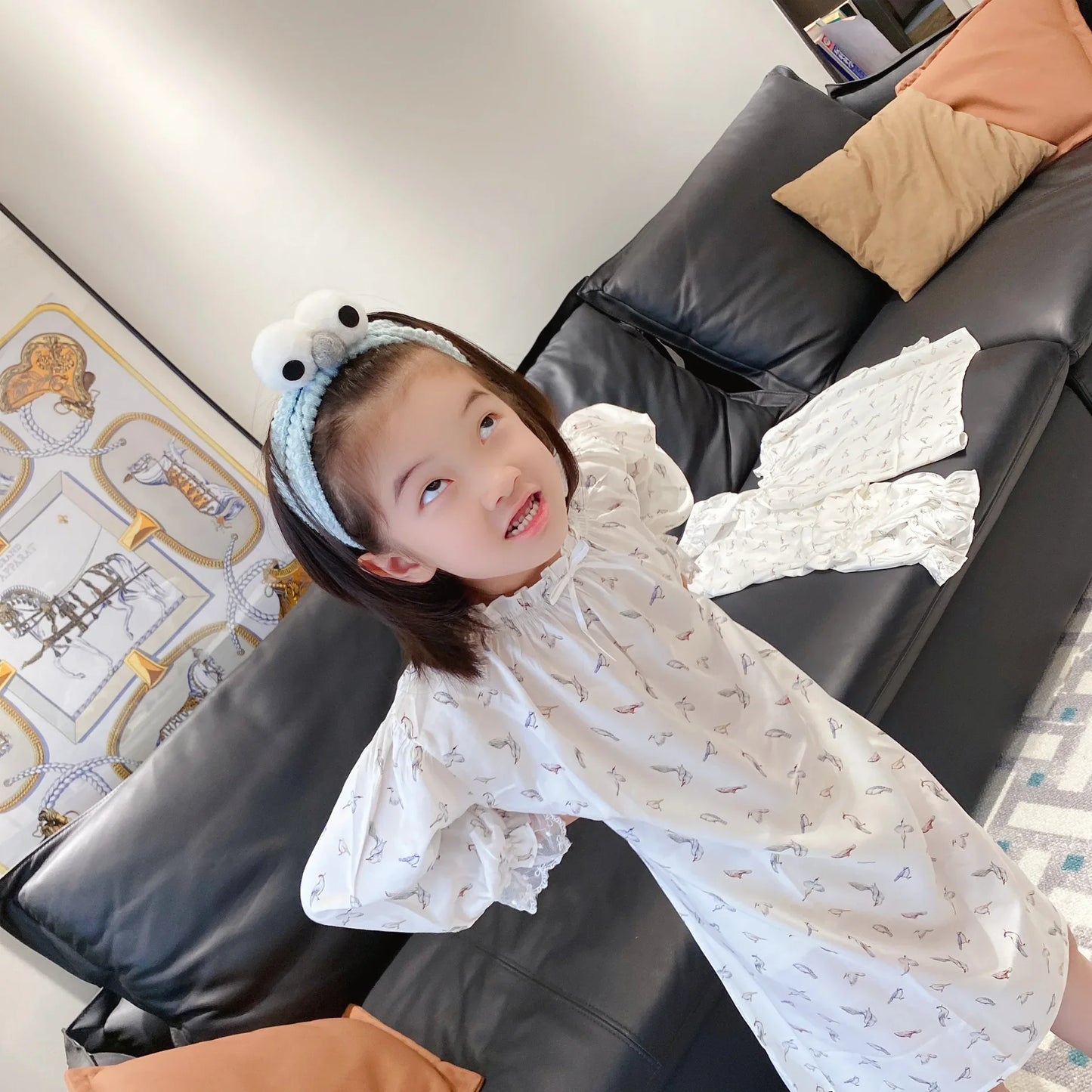 Girls Pajamas Set 2025 Spring And Summer New Blue Lace Lace Children's Home Clothing Cotton Printed Pajamas Children's Clothing