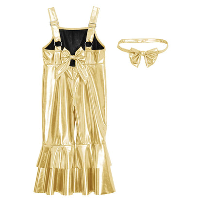 Baby Girls Clothes Birthday Party Metallic Bell Bottoms Romper Djustable Straps Bow Overalls with Headwear Photo Shoot Outfit