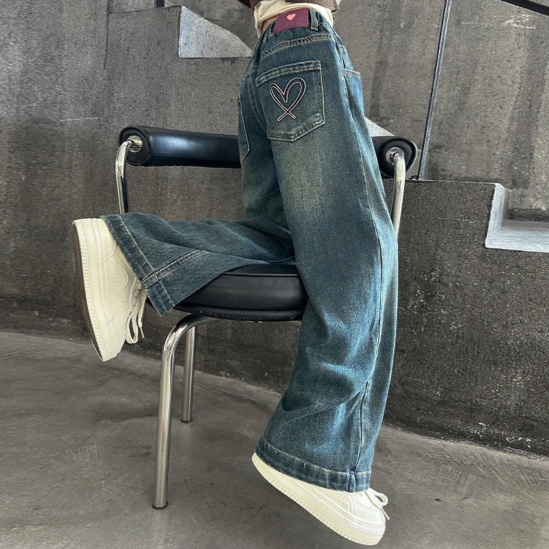 Girls jeans back pocket love  wide-leg pants 2025 spring and autumn slimming straight pants suitable for 5-15 years old pants