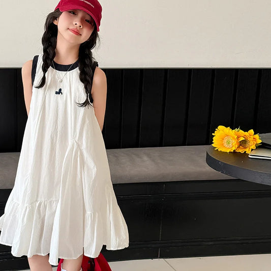 New Summer Girls Princess Dress Kids Sleeveless Dress with Ruffles Design Dresses for Teen Child Casual Vacation Beach Dress