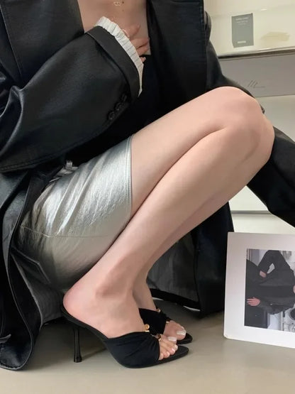 Women's High Heels Slippers Pointed Toe Metal Decoration Thin Heels Shoes Women Dress Fashion Korean Style Zapatillas De Mujer
