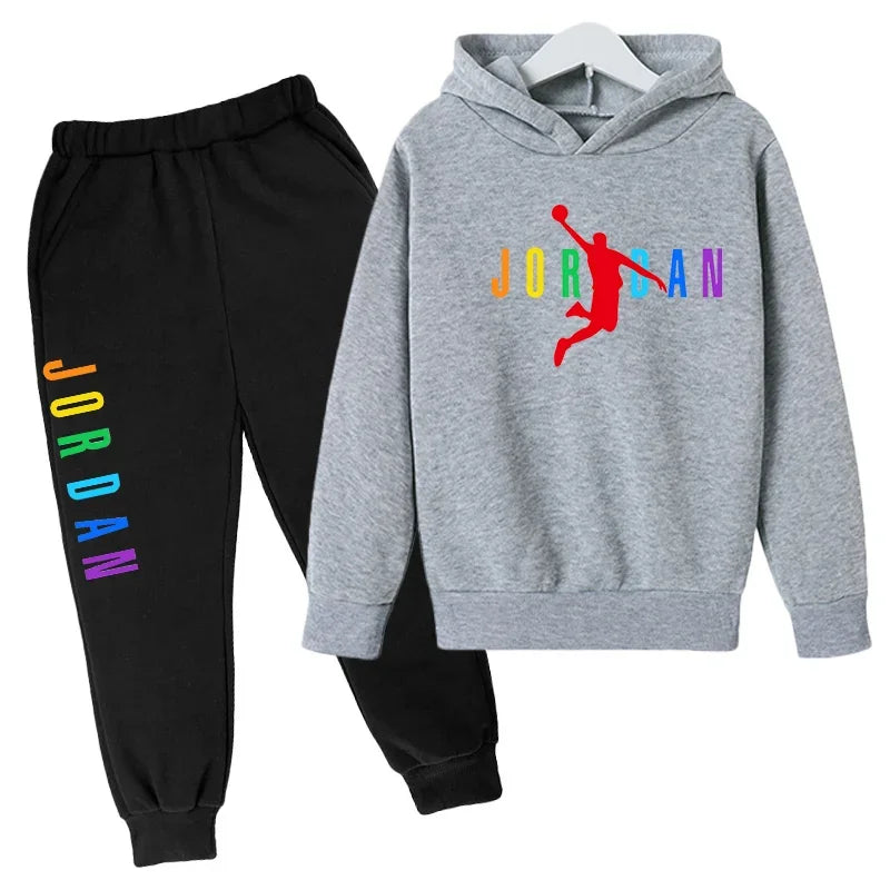Children Sports Coat 3-13 Years Hoodie Basketball Letter Print Boys Sweatshirt Girls Toddler Top + Trousers 2P Stylish Casual Se