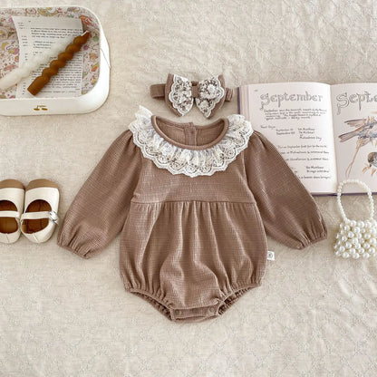 Baby Girls Clothes Toddler Autumn Winter Long Sleeve Lace Romper With Headwear For Infant Homewear Jumpsuit Baptism Overall