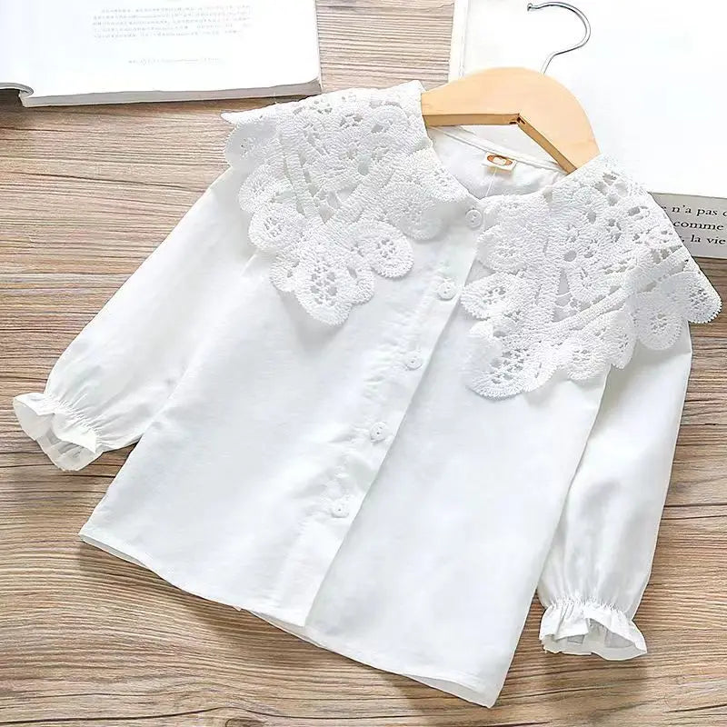 Girls' Spring Autumn Blouse New Korean Style Fashionable Long Sleeve White Shirt Children's Lace Peter Pan Collar Bottoming Shir