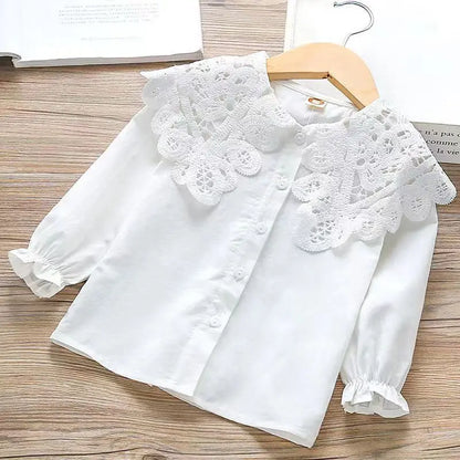 Girls' Spring Autumn Blouse New Korean Style Fashionable Long Sleeve White Shirt Children's Lace Peter Pan Collar Bottoming Shir