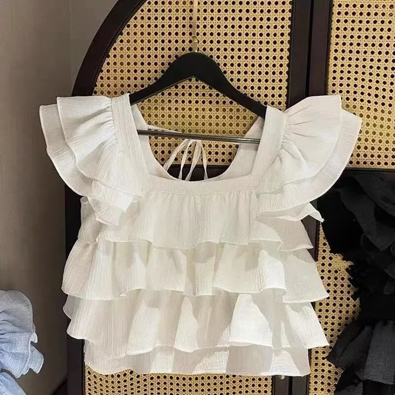 Girls Tops Vest Summer New White Ruffles Sleeveless Short Shirt Teens Kids Clothes 12 13 14 Years Children Beach Hooliday Blouse