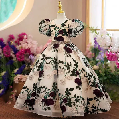 Teenagers Girls Elegant Luxury Long Evening Gowns Children Embroidered Mesh Princess Dresses Kids Formal Prom Dresses 3-15Y
