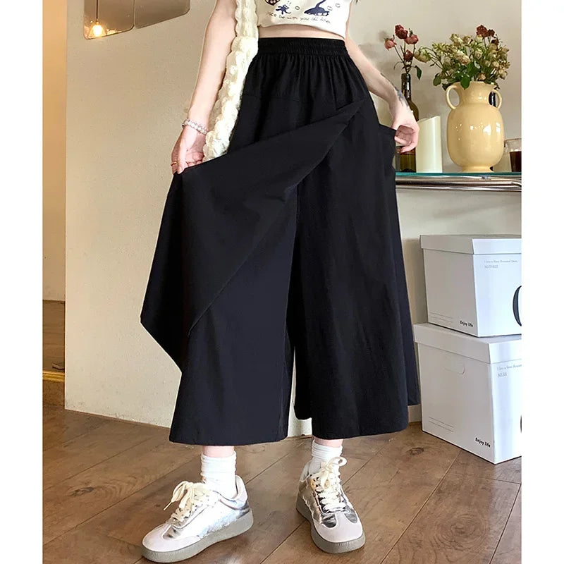 Girls Chic Elastic High Waisted Long Pants Lady Comfortable Wide Leg Trousers Women Korean Fashion Solid Color Slacks
