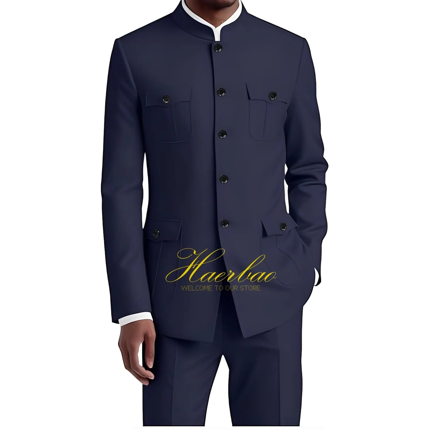 Men's Chinese Tunic Suit Formal 2 Piece Suits for Men Collar Jacket Slim Fit 4 Pocket Blazer Wedding Men Suits Tuxedo