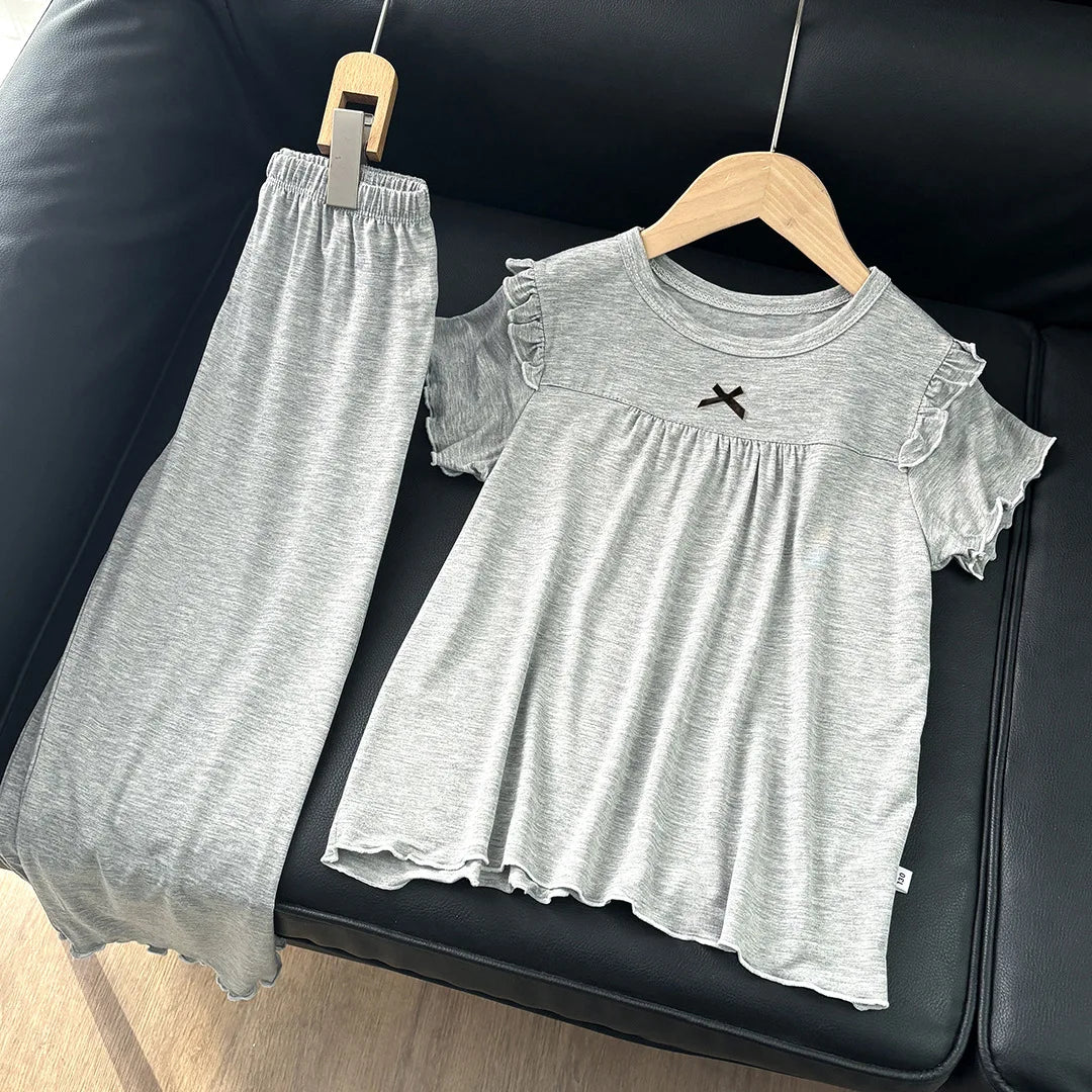 Girls' Short Sleeved Pajamas Home Clothes Set Modal Spring and Summer Thin Edition Children's Air Conditioning Lace Princess