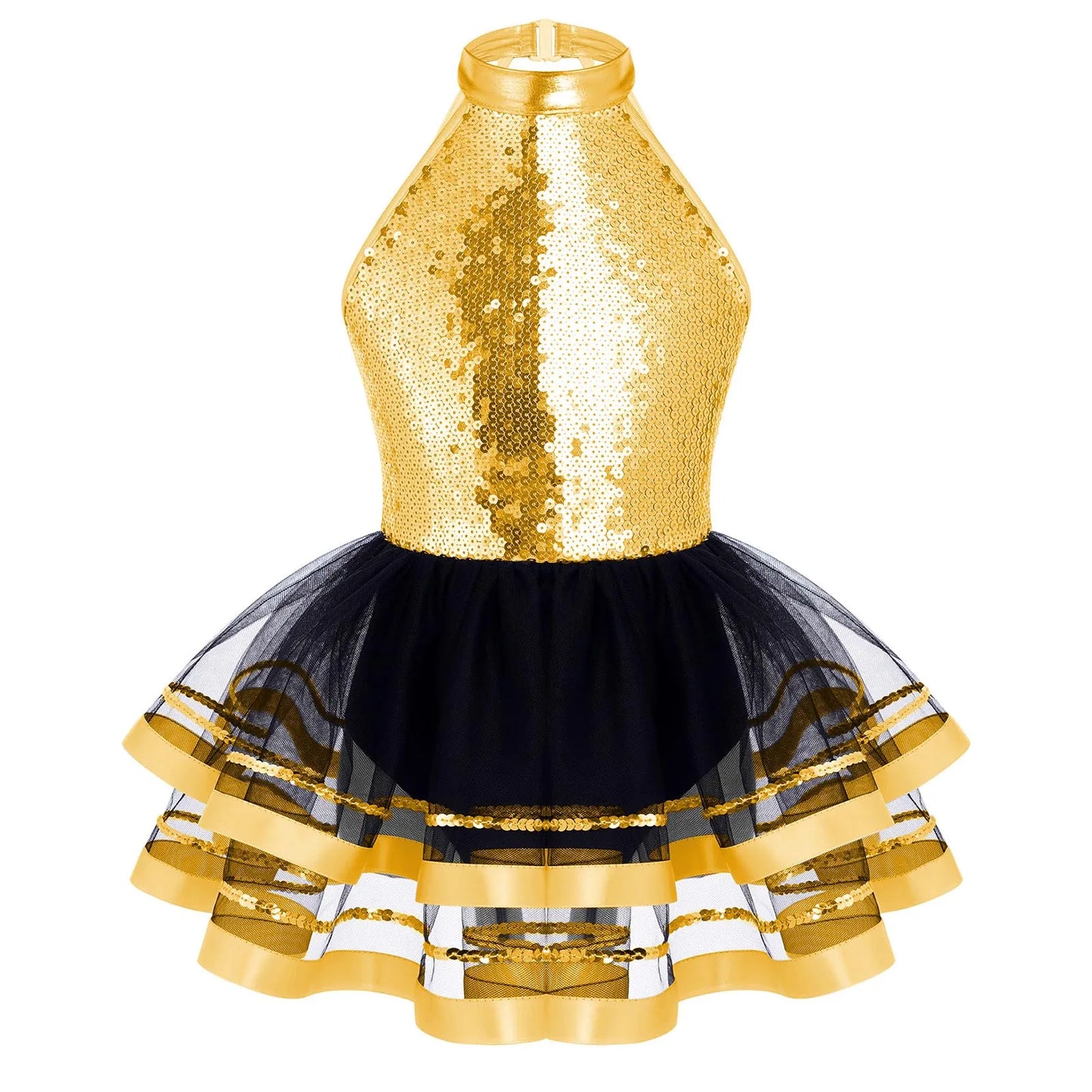 Girls Teens Shiny Sequin Tulle Dress for Ballet Latin Jazz Lyrical Dance Dresses Sleeveless Halter Neck Leotards Tutu Dress
