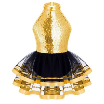 Girls Teens Shiny Sequin Tulle Dress for Ballet Latin Jazz Lyrical Dance Dresses Sleeveless Halter Neck Leotards Tutu Dress