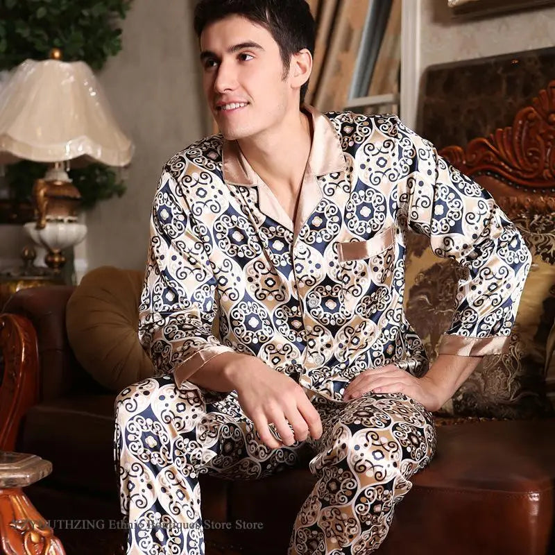 Spring Autumn New Male 2PCS Pajamas Set Sleepwear Print Long Sleeve Trouser Pijamas Suit Loungewear Loose Silk Satin Home Wear