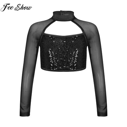 Teen Girls Hip Hop Jazz Street Dance Top Long Sleeve Shiny Sequin Mesh Crop T-shirt Yoga Sportswear Skating Gymnastics Dancewear