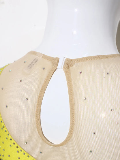 Teens Girls Lyrical Dance Dress Skating Rhythmic Gymnastics Costume Contrast Color Asymmetrical Split Rhinestones Leotard Dress