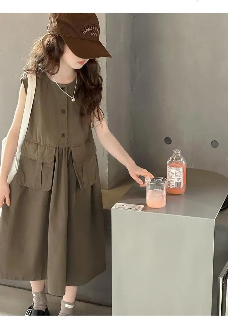 5-14Years Kids Summer Sleeveless Dresses for Girls Cotton Thank Long Dress Teens Children Casual Outfits Clothing 6 7 8 9 10 11