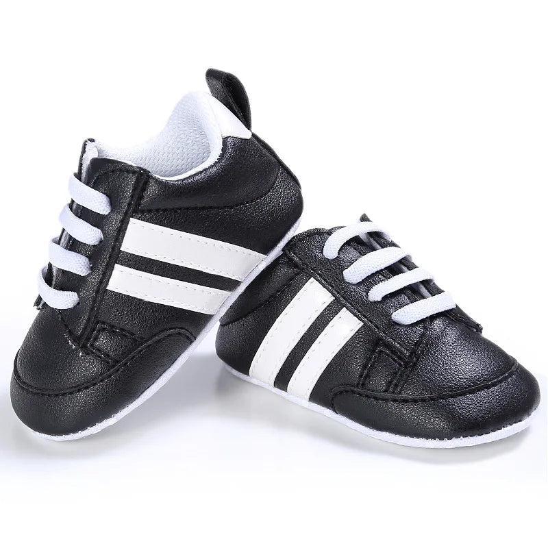 Newborn Baby Boys Shoes for 1 Year Footwear with Striped Infant Casual PU Leather Toddler Soft Sole Girls Sneakers First Walkers