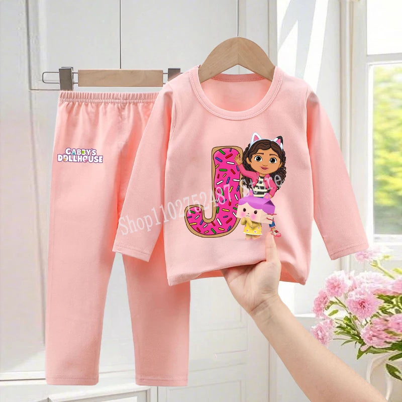 Gabby Dollhouses Pajamas Pants Set Girls Cute Letter A-Z Nightwear Trousers Kids Winter Home Clothes Children Long Sleeves Gift