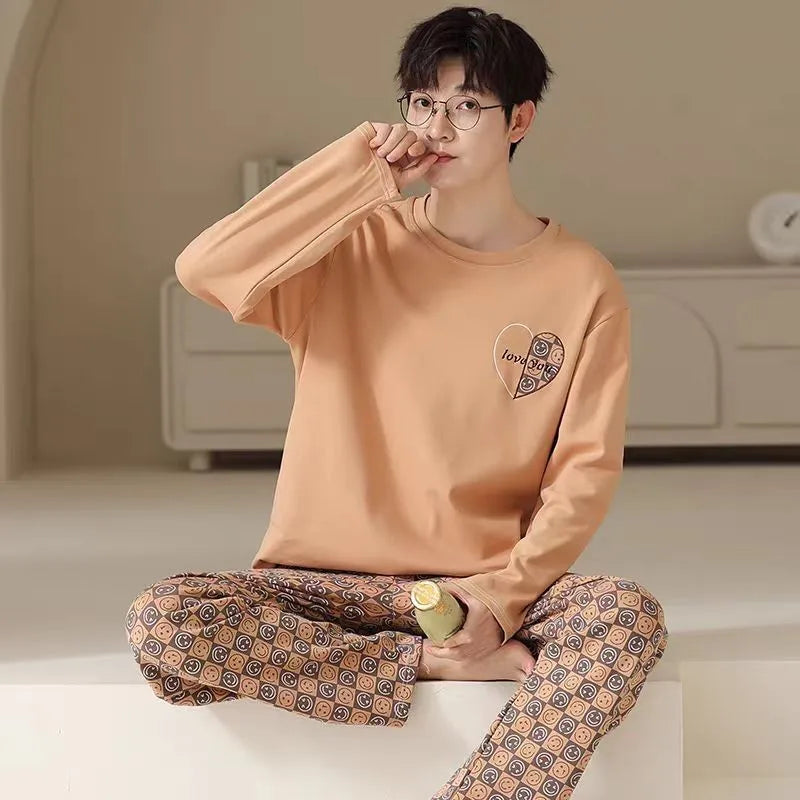 Men Pajamas Long-Sleeved Long Trousers Autumn and Winter Large Size Homewear Two-Piece Set Sleepwear Loungewear Youth Nightwear