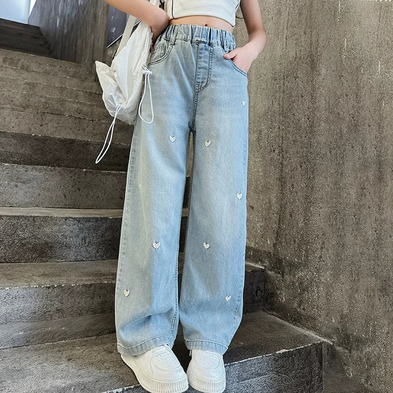 Girls' Trendy Long Pants Straight-leg Wide-leg Pants for Older Girls Children's Jeans