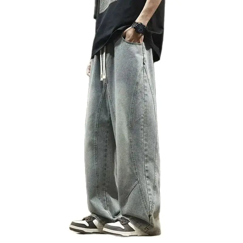 Teenage spring straight leg jeans for boys  loose straight leg casual curved knife pants student washed wide leg long pants