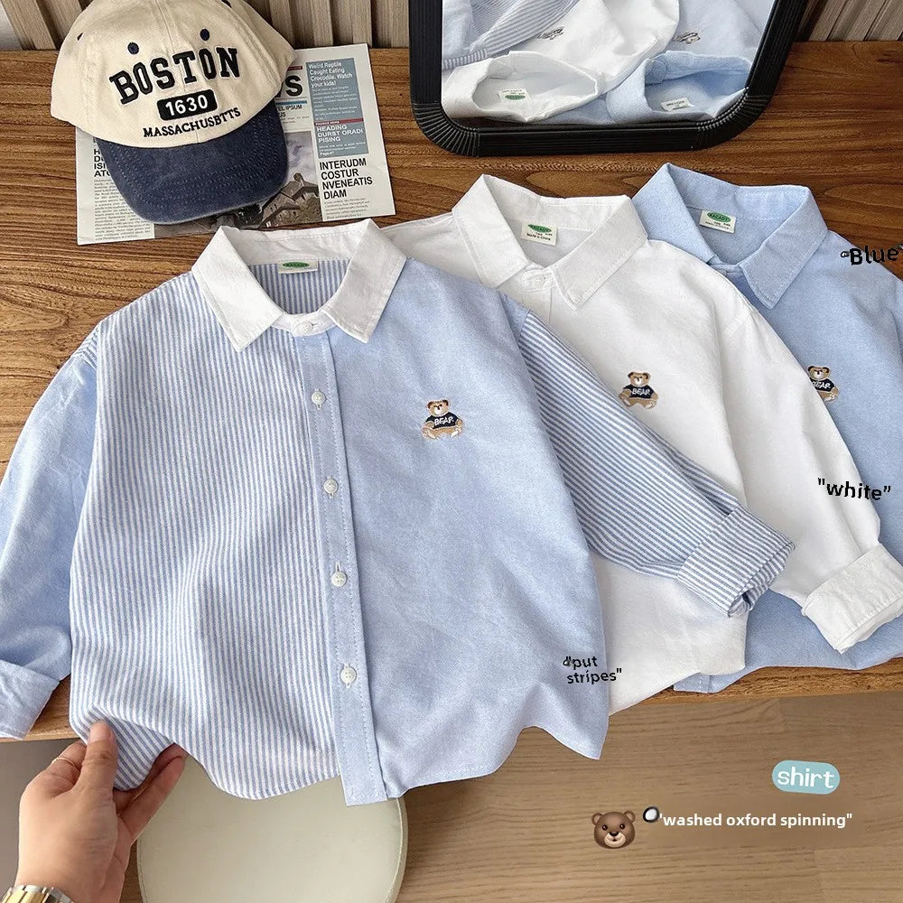 Children's Shirt Boys' Striped Shirt Spring  Autumn 2025 Cute Bear Embroidery Children's Casual Cartoon Top Baby Blue Shirt