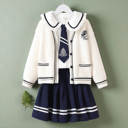 Baby Girls Clothing Set Outfits School Uniform Cardigan & Shirt & Skirt 3pcs Girls Tracksuit Teens Kids Suit Costumes 5 7 9 13 Y