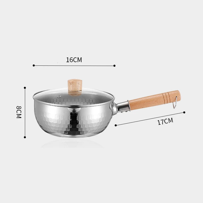 Stainless Steel Pan Japanese Snow Pan Wooden Handle Lid Stew Pots Fry Wok Saucepan Milk Pot Kitchen Utensils Practical Cookware