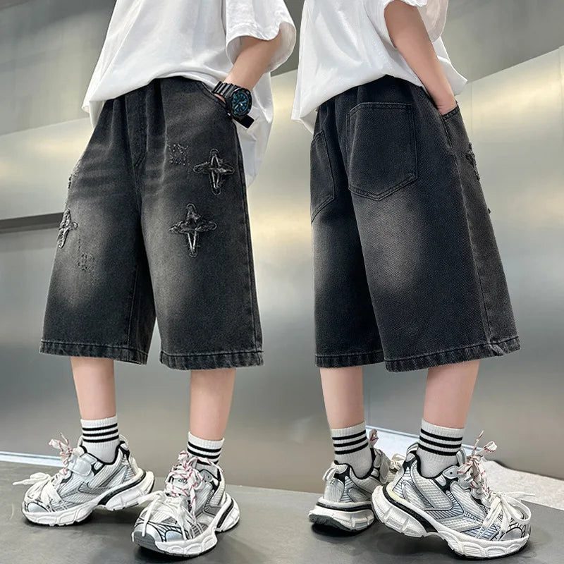 Boy Star Jeans 2025 Summer New Fashion Pocket Stretch Boys Denim Mid-Pants Childrens Boys Casual Cropped Pants 3-15 Years Old